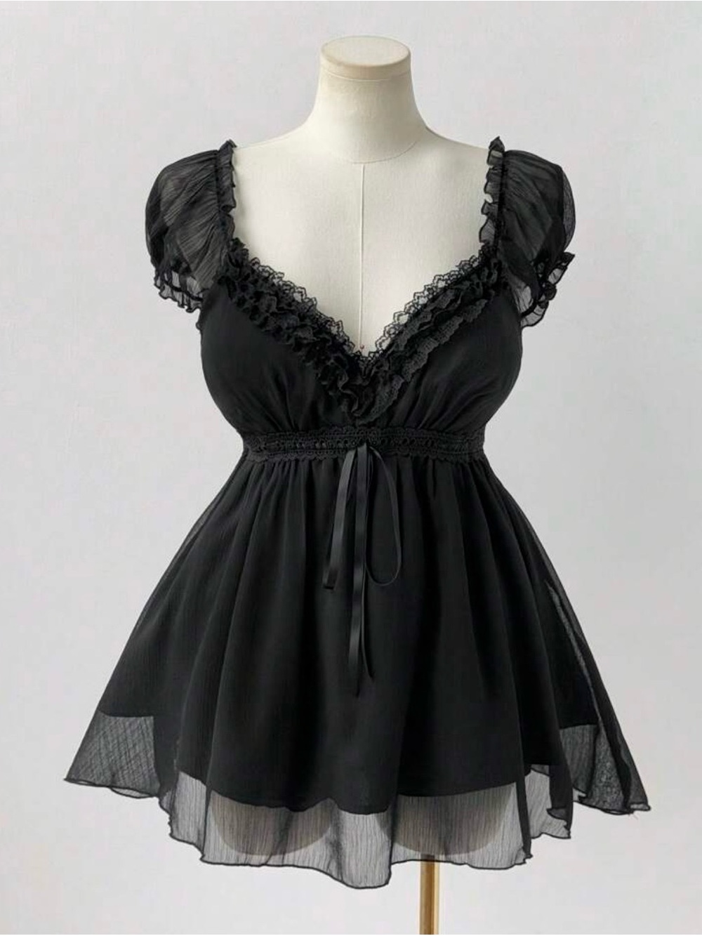 Black Ruffled V-Neck Chiffon Babydoll Top